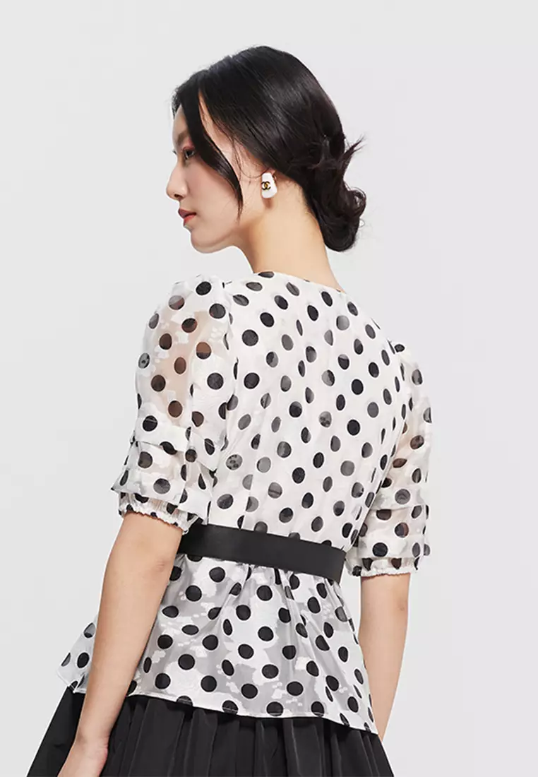 Two Tone Polka Dot Front Wrap Dress with Waist Tie