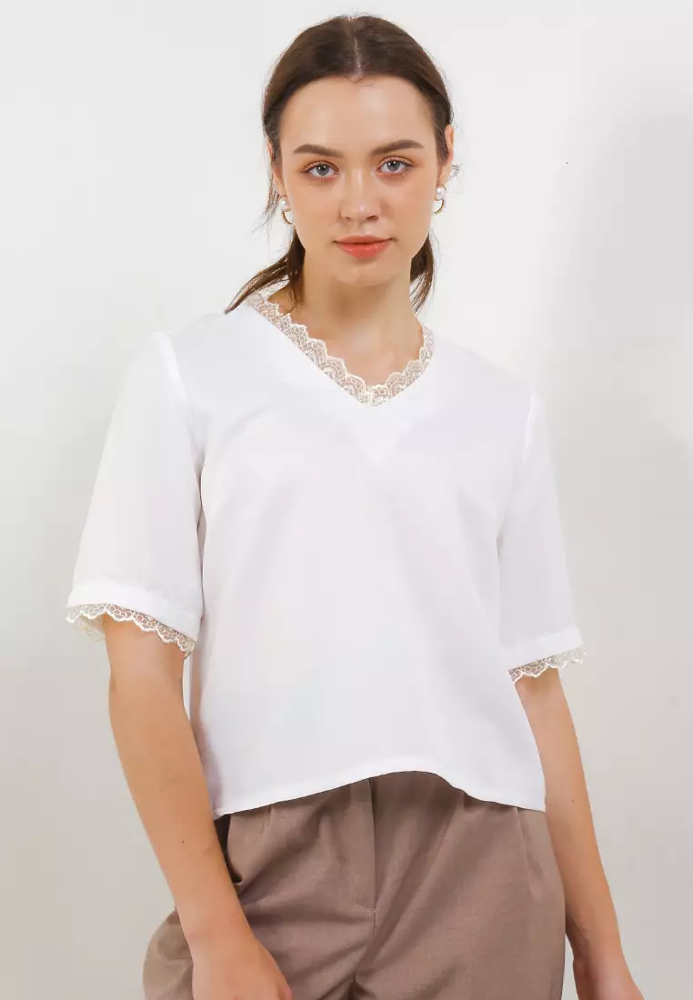 Lacey V Neck Short Sleeve Blouse