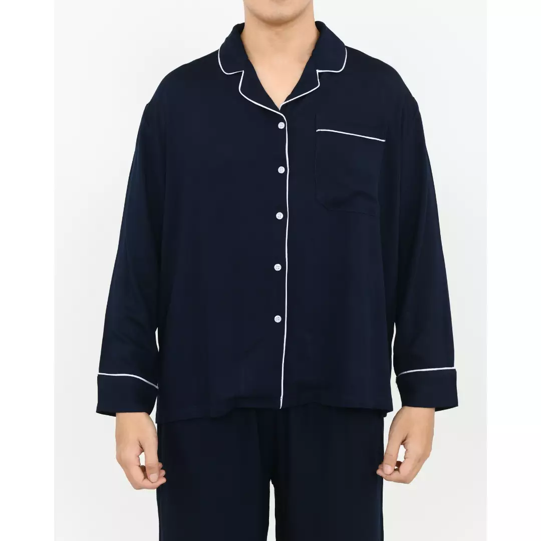 Setelan Baju Tidur Panjang Piyama Pria Plain [BIRU] One Set Sleepwear Pajamas Material Katun Size M-XXL