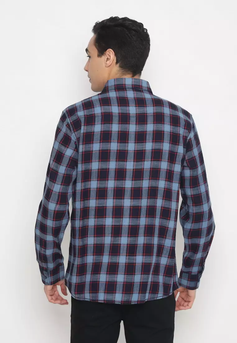 POLICE Kemeja Kotak Twill Navy Merah Regular Fit Lengan Panjang Pria