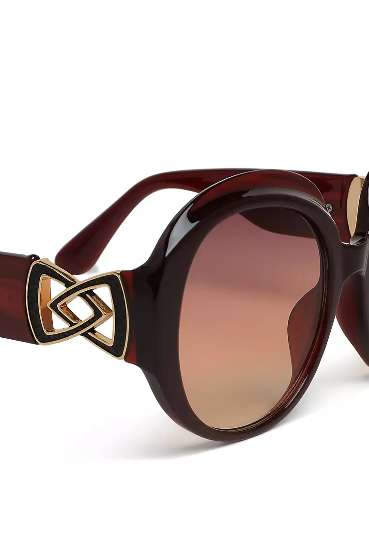 Brown Metallic Accent Round Sunglasses