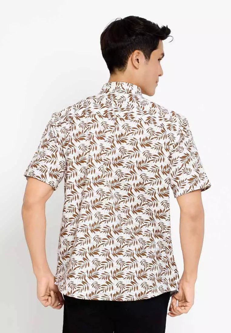 Forest Woven  Collar Full Floral Printed Short Sleeve Men Shirt | Baju Kemeja Lelaki - 621452-11Brown