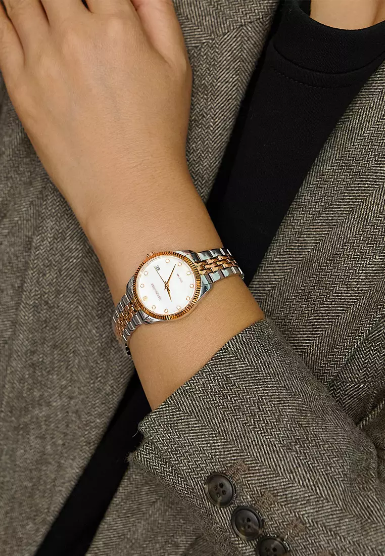 Women's Watch 32mm Round White River Scallops Dial Stainless Steel Strap Calendar Function Rose Mary- White