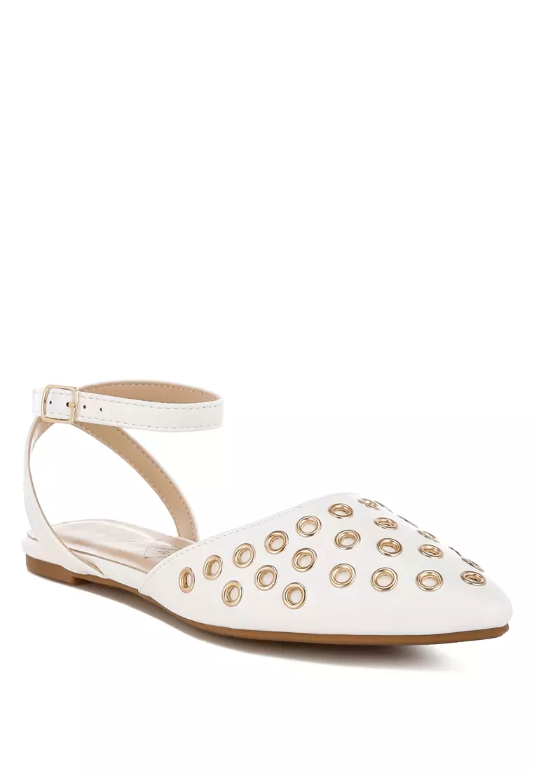 Metallic Eyelet Detail Flat Sandals In White