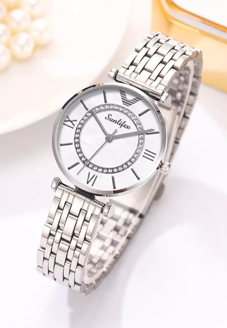 Jam Tangan Wanita Kuarsa Tali Stainless Steel Berlian Anggun Santai Jam Tangan Cewek silver white
