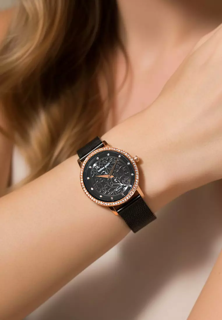 Elite Watch Embellished with Rhinestone - Rose Gold and Black