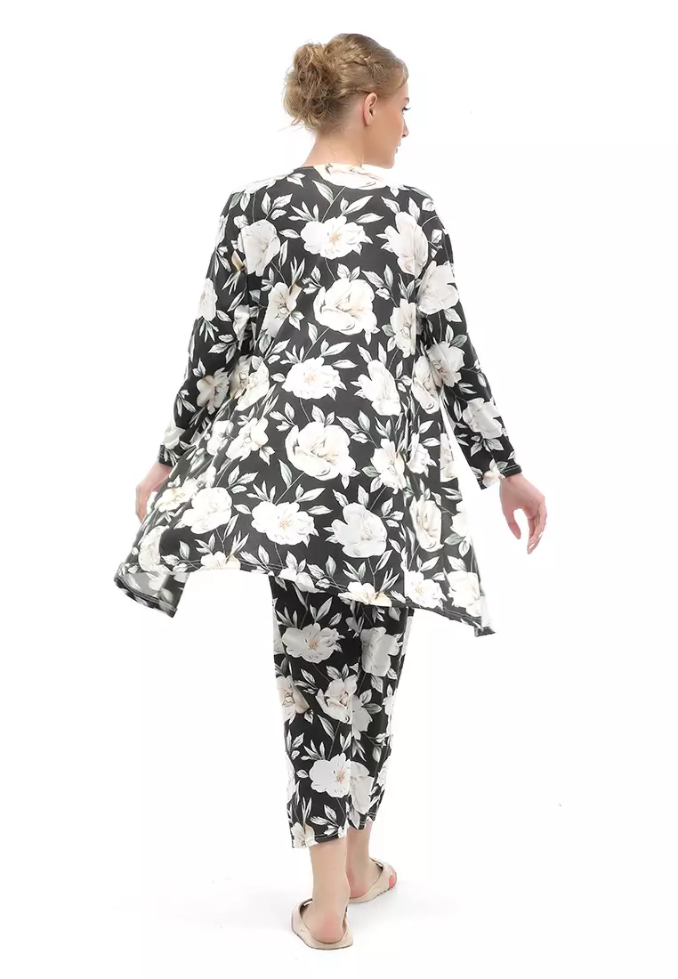 Vance Setelan Piyama Kimono Baju Tidur Wanita 3in1 Motif Bunga Material Cotton ORIGINAL - Black