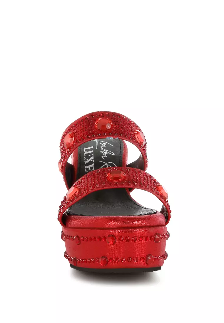Rhinestone & Diamante Wedge Sandals in Red