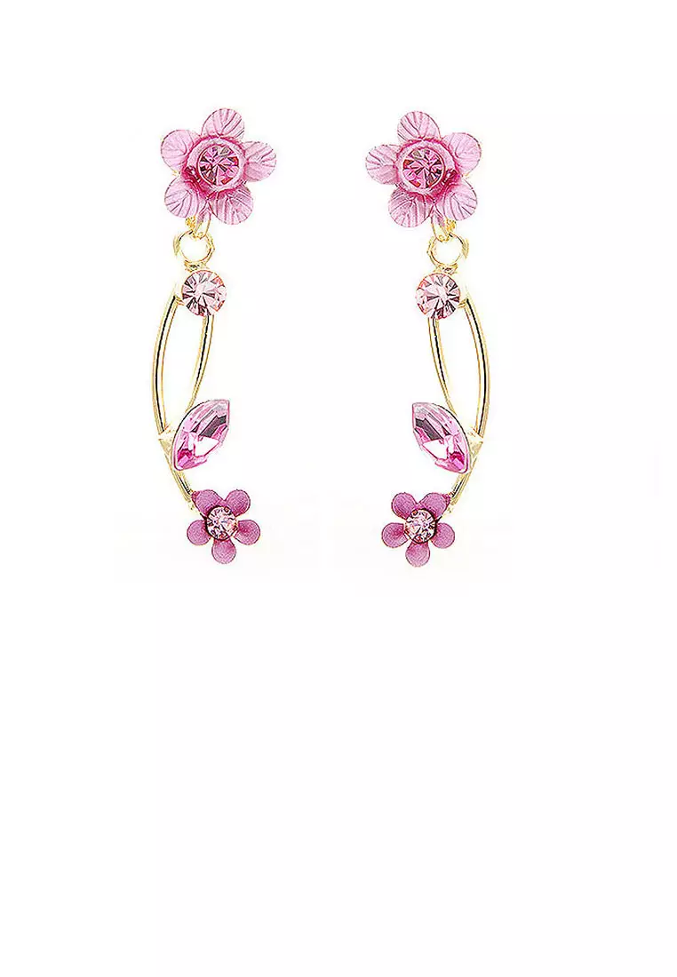 Pink Flower Shape Golden Earrings with Pink Austrian Element Crystals
