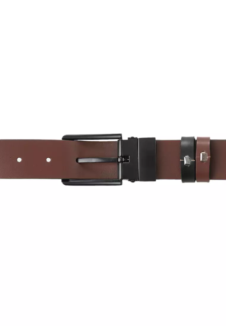 Black Slim Square Pin Buckle Reversible Top Grain Leather Belt