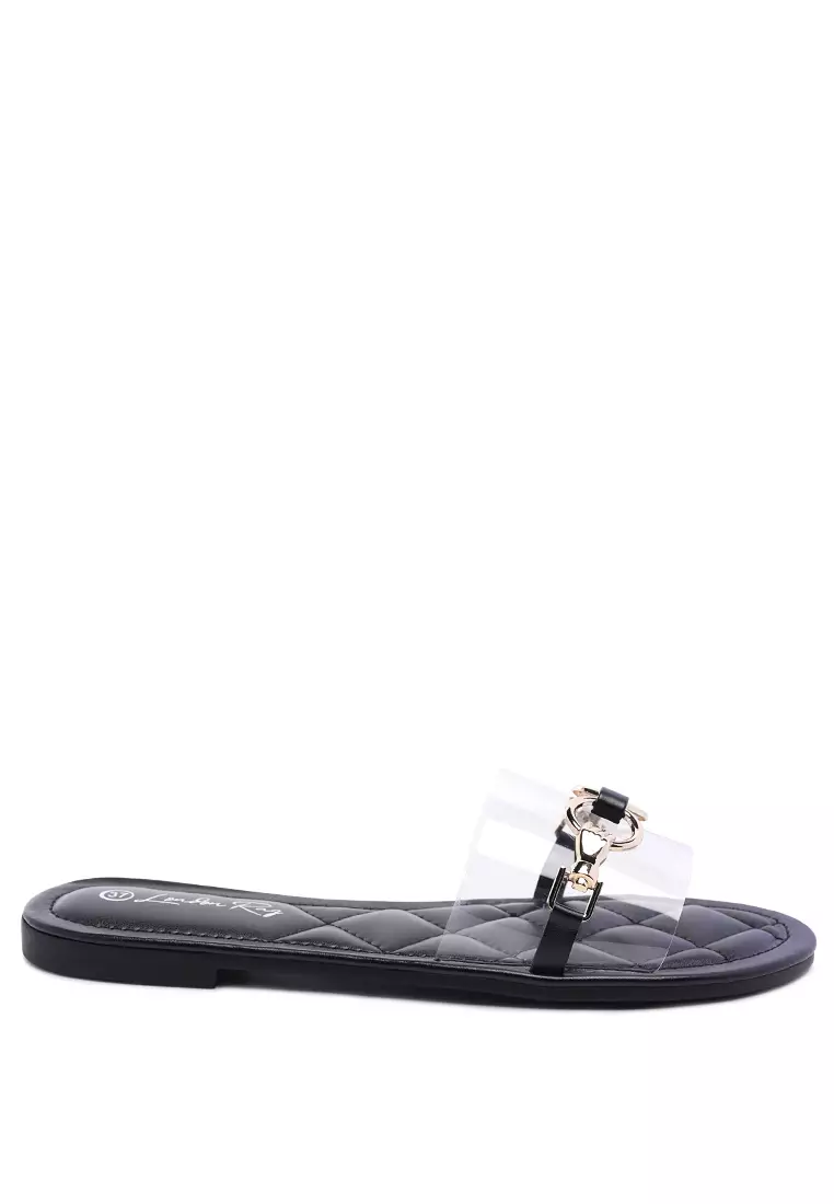 Clear Buckled Quilted Slides in Black