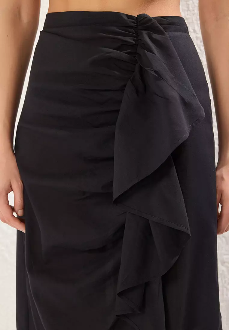 Black Midi Woven Ruffle 100% Cotton Beach Skirt Tbess25Et00010