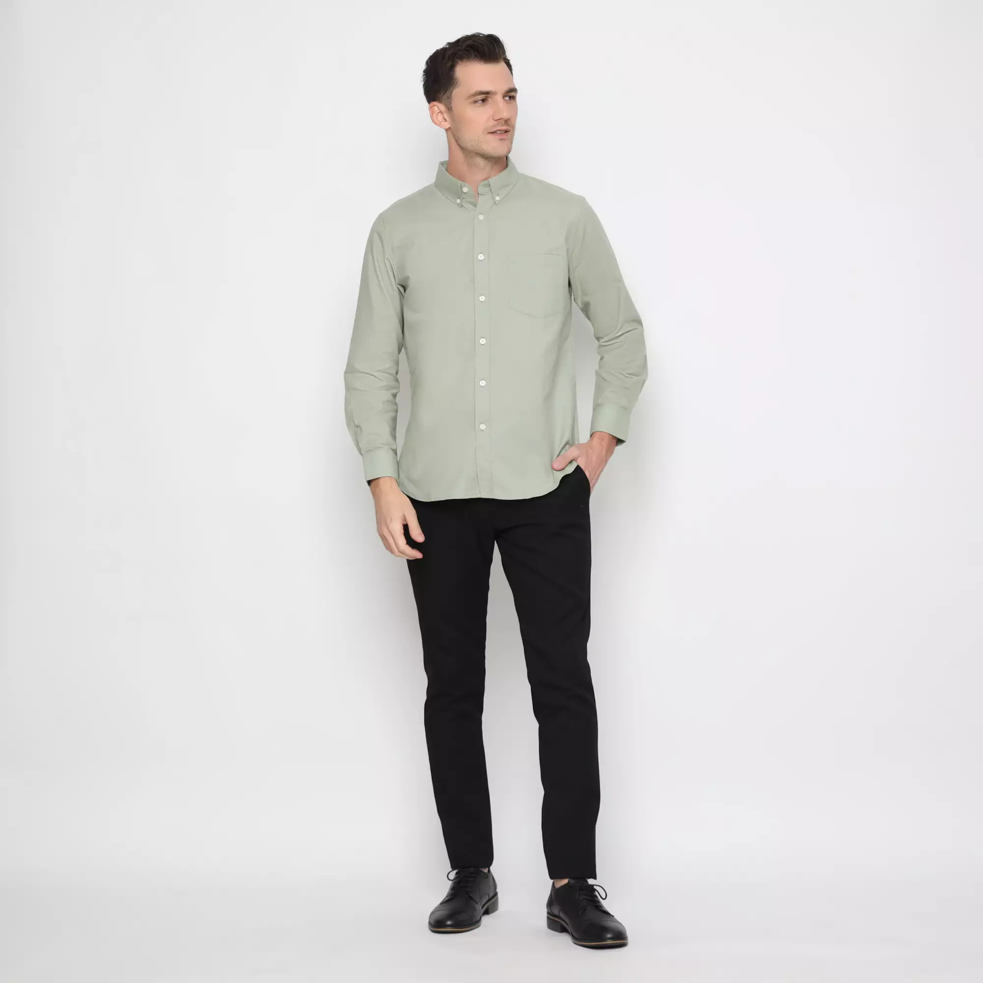 Platini Baju Kemeja Pria Lengan Panjang Polos Katun Oxford Hijau Sage 66251