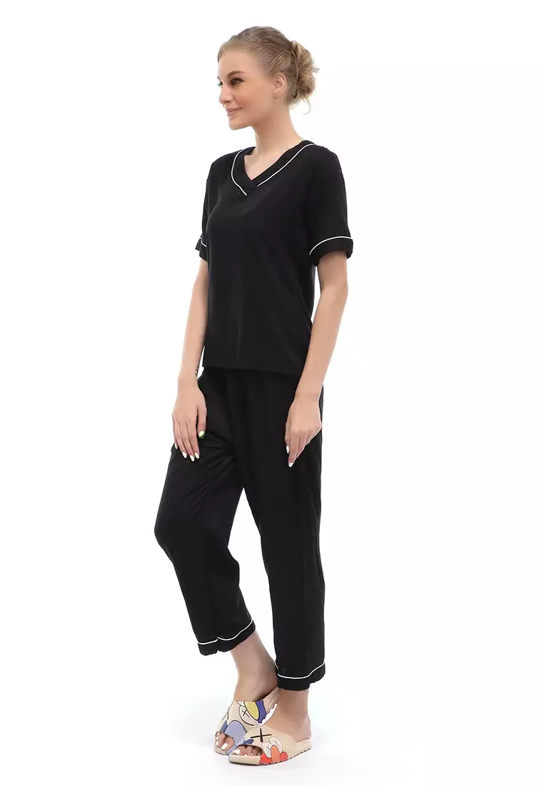 Vance Piyama Setelan Baju Tidur Wanita Lengan Pendek Material Rayon ORIGINAL - Black