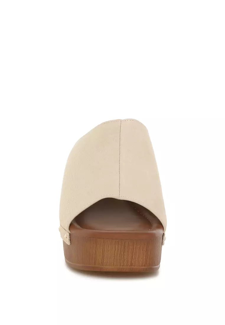 Soft Suede Leather Wooden Clogs In Beige
