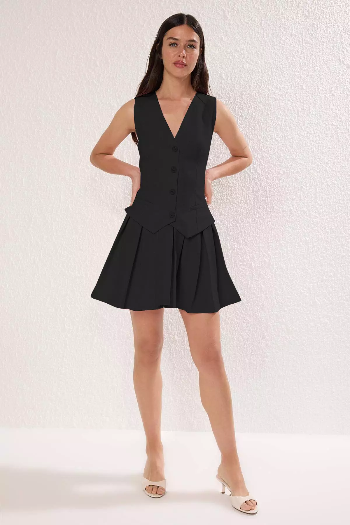Black Plain Pleated Short / Mini Woven Dress Twoss25El00866