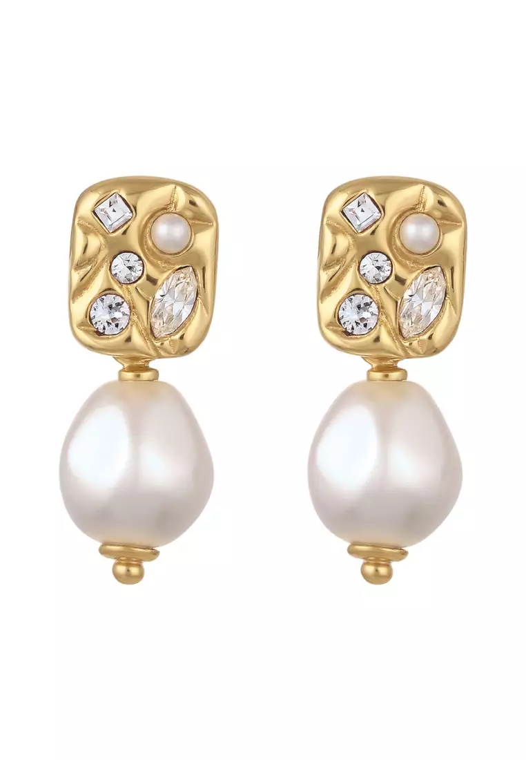 Anting Perhiasan Perak 925 Wanita Platelet Swarovski® Pearl Gold Plated