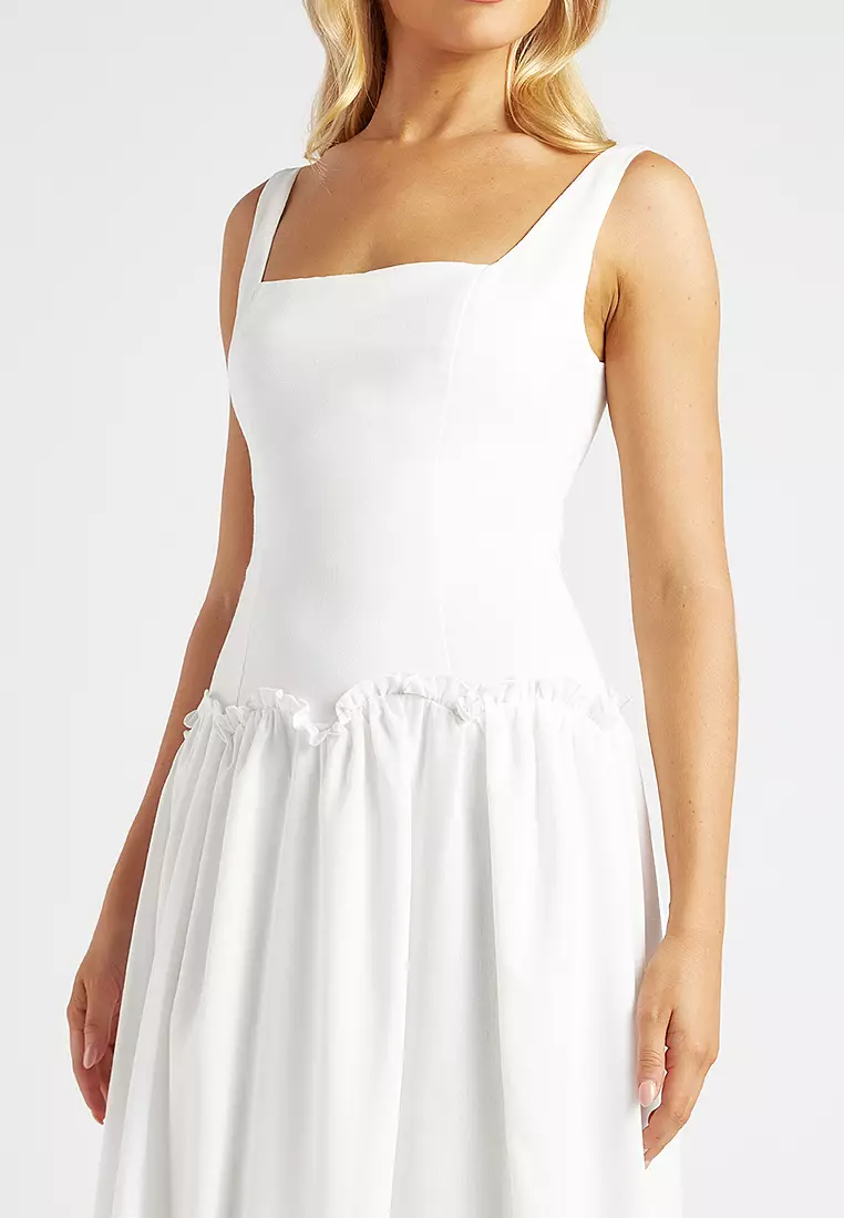 Drop Waist Scallop Frill Detail Midi Dress