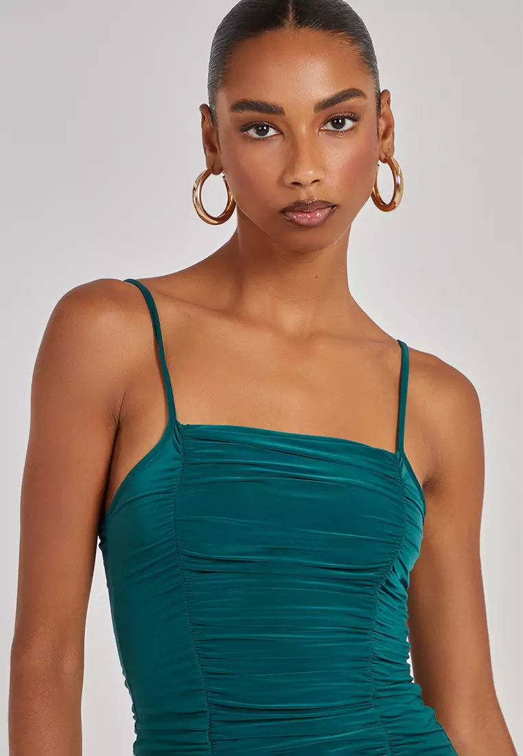 Pink Vanilla Bottle Green  Strappy Gathered Slinky Mini Dress