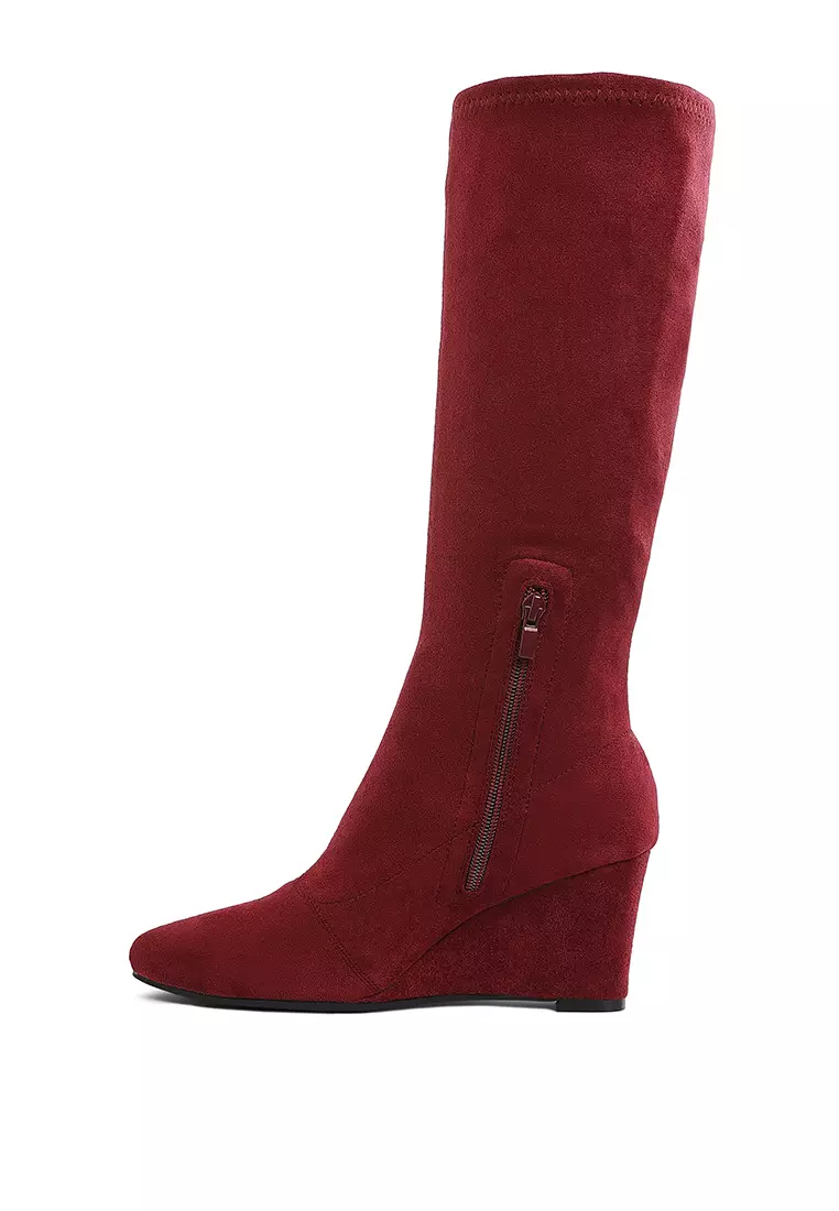 Microfiber Wedge Heel Boots in Dark Red