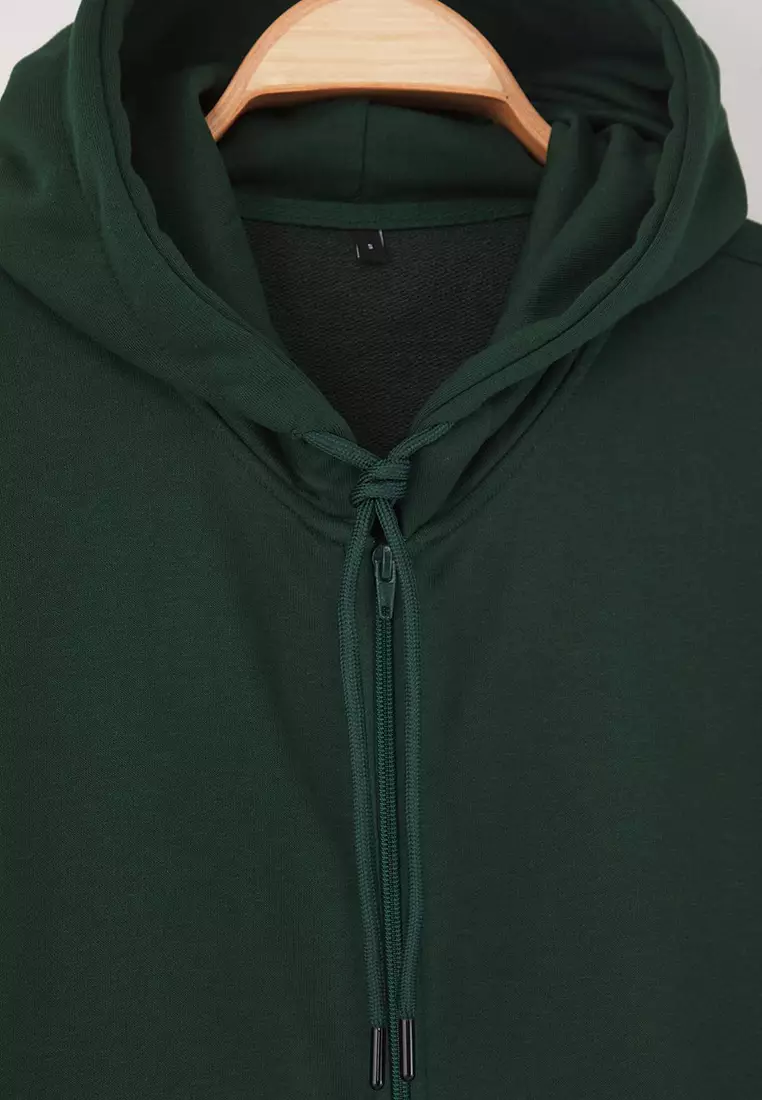 Dark Green Oversize/Wide Cut Zippered Basic Non-Raising Sweatshirt-Cardigan