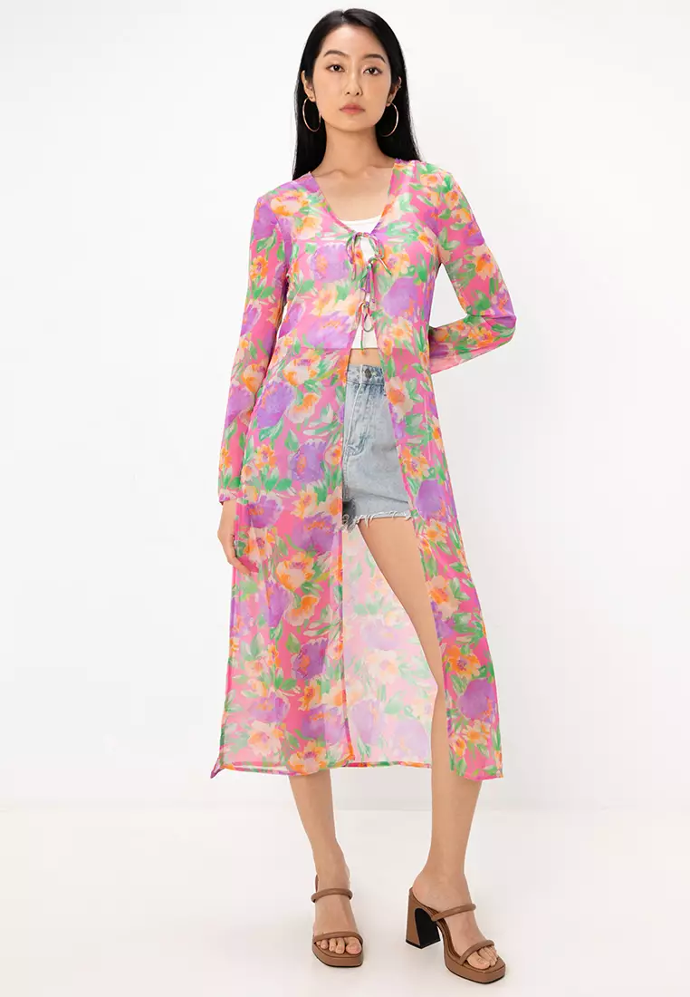 Long Sleeves Sheer Tie Front Maxi Kimono Cardigan