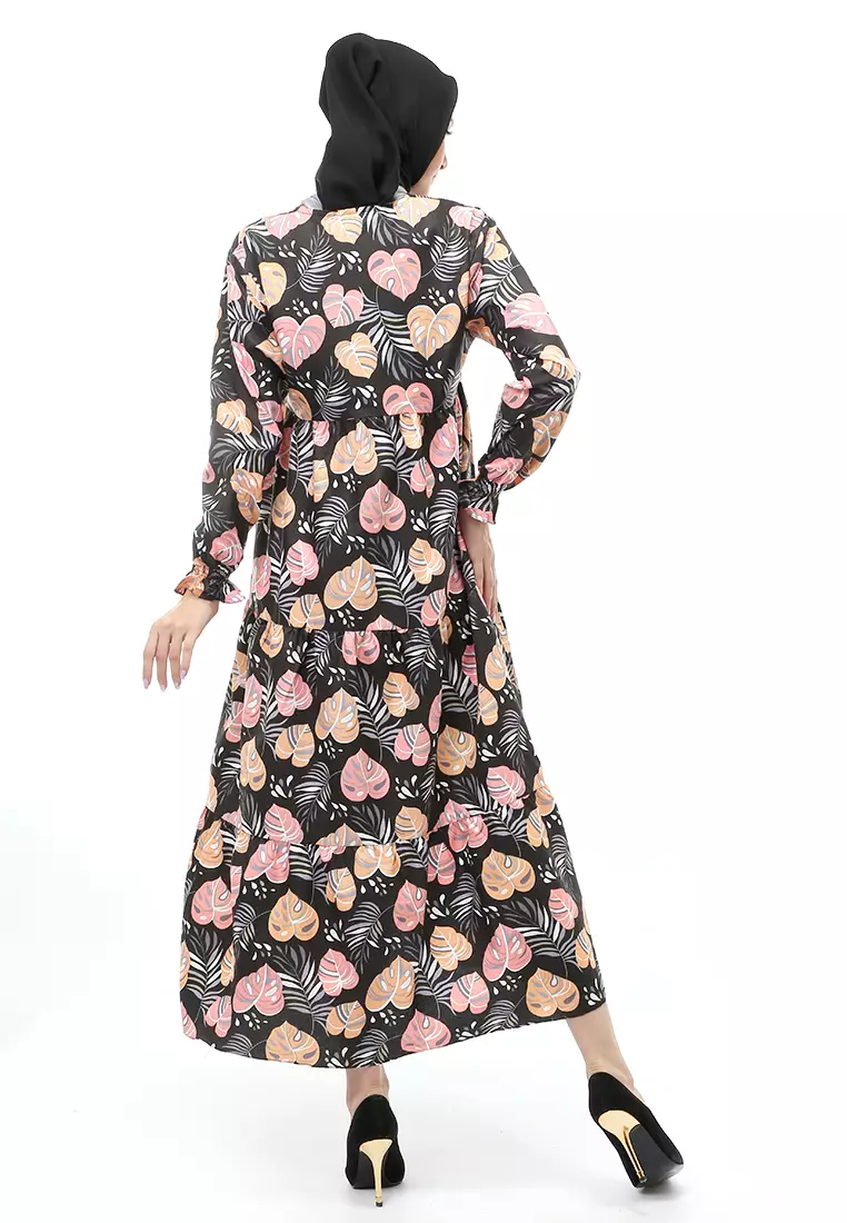 Zahra Gamis Muslimah Wanita Motif Daun Love Long Sleeve Comfortable To Wear - Black