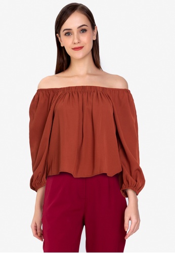ZALORA WORK brown Puff Sleeves Square Neck Top 27E7AAA9FF5713GS_1