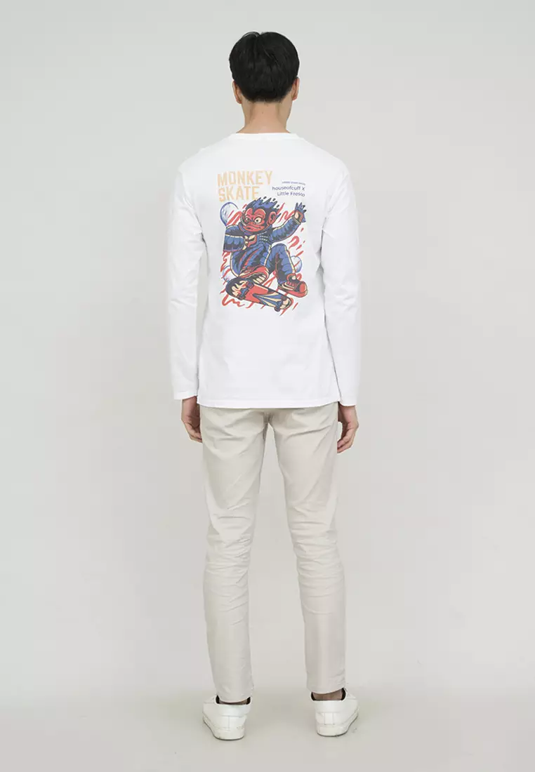 Kaos cotton combed lengan panjang pria putih houseofcuff monkey skate