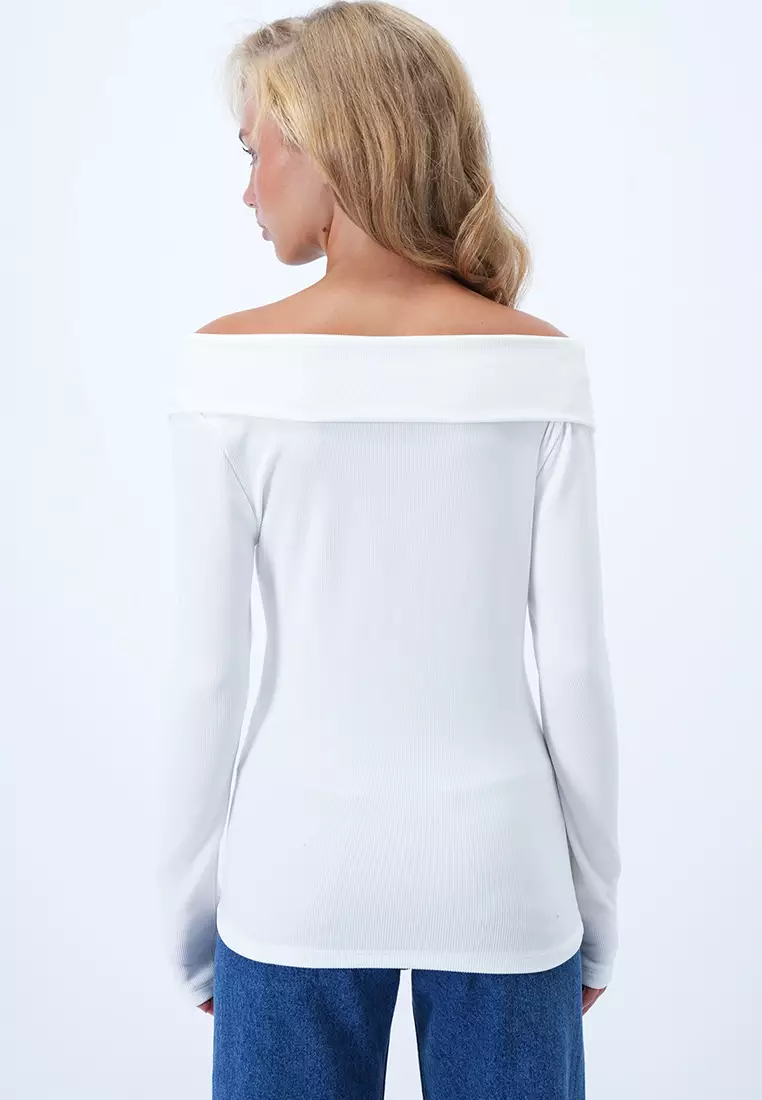 Women's White Wide Collar Ottoban Blouse Alc-X14342