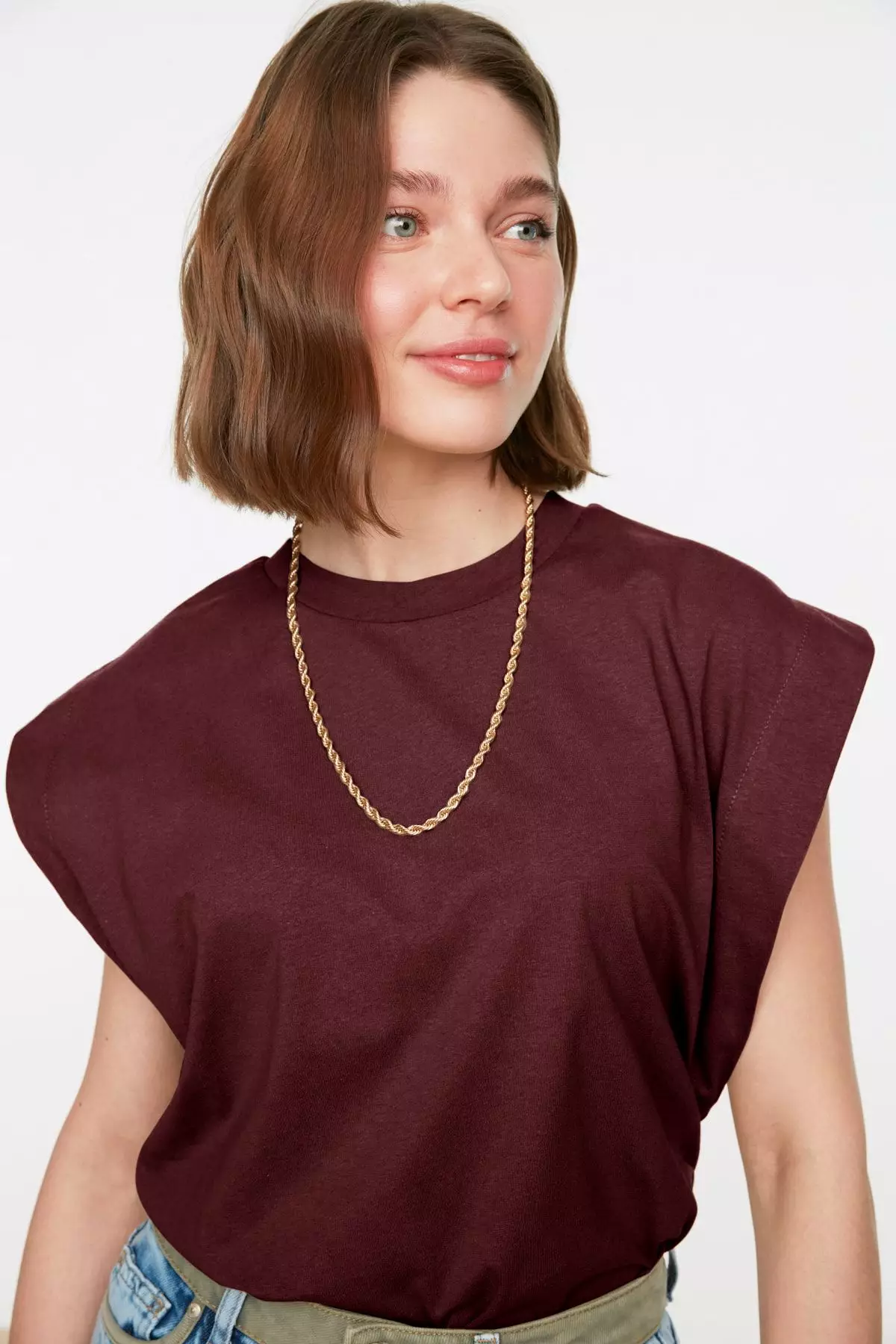 Claret Red 100% Cotton Padded Look Basic Crew Neck Knitted T-Shirt TWOSS20TS0021