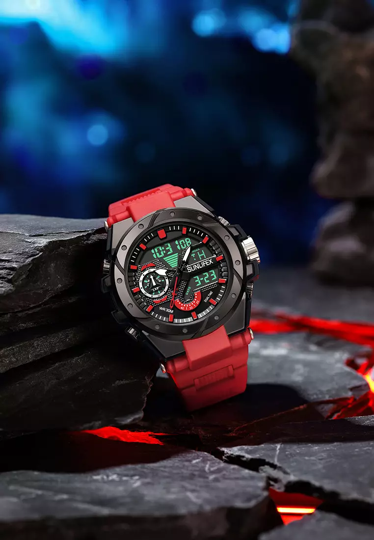 Jam Tangan Pria D009 Digital Analog Tali Rubber Chronograph Olahraga Jam Tangan Cowok redblack
