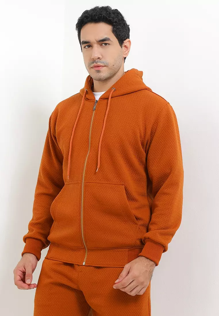 SYZLO Setelan Hoodie Zipper Maze Cotton Fleece Atasan Jaket Hoodie Zipper Dan Bawahan Boardshort 1 Stel - Camel