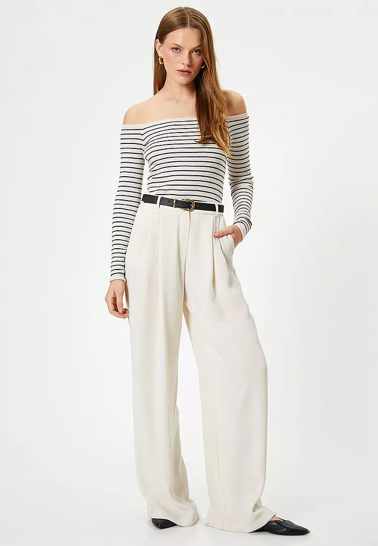 Long Sleeve Boat Neck Off-The-Shoulder Striped Knitwear Sweater