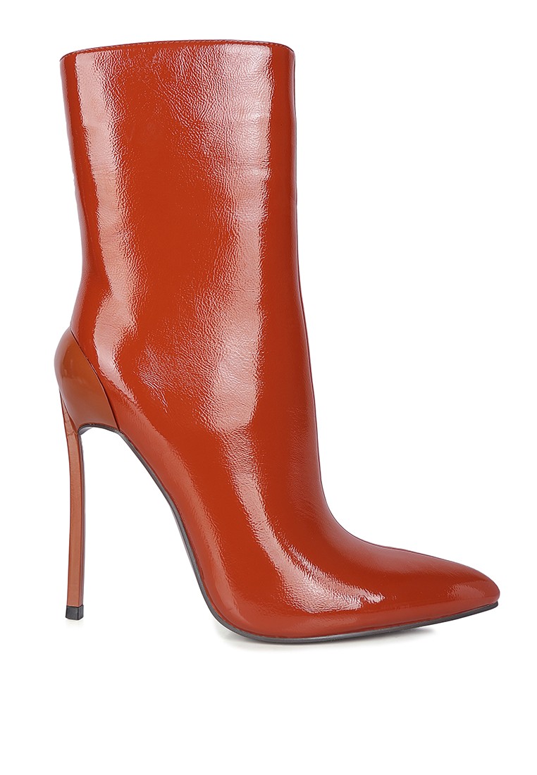 Tan Patent High Heeled Ankle Boot