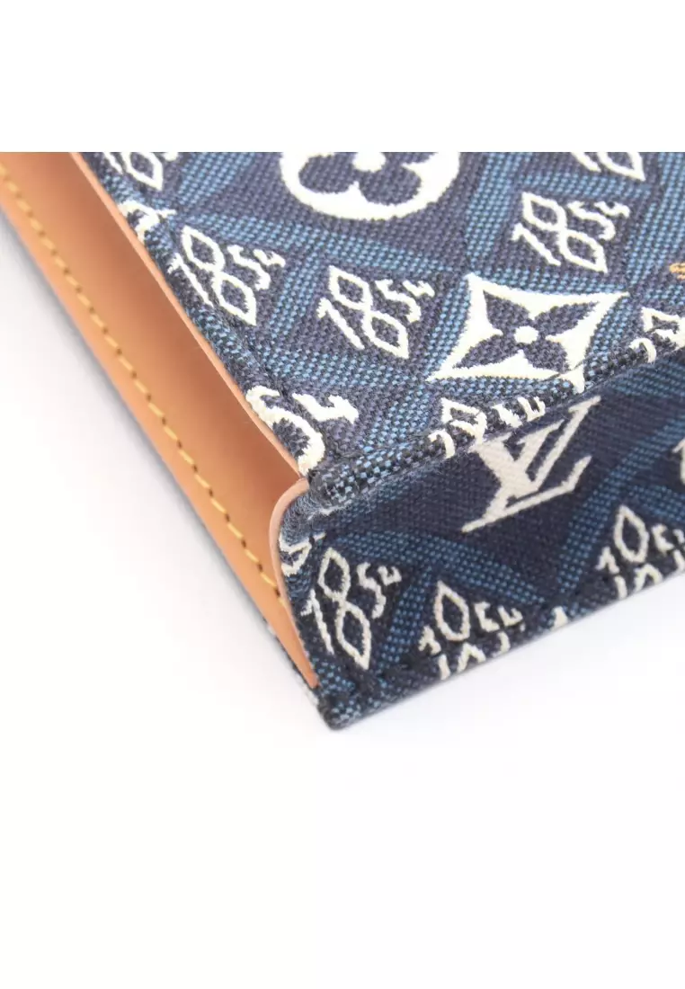 Pre-Loved Louis Vuitton Petite Sac Plat monogram jacquard Since 1854 Handbag canvas leather Navy white Brown 2WAY