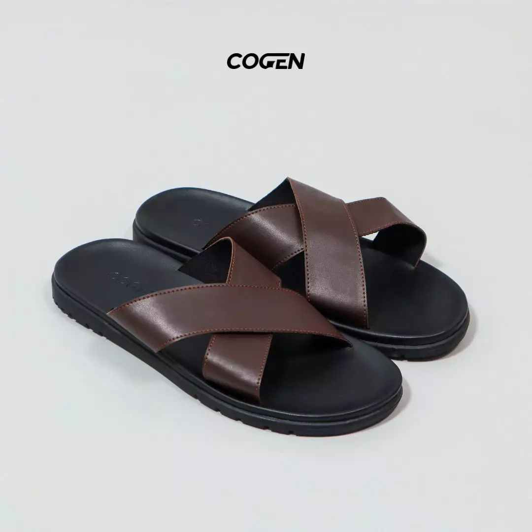 Sendal Slop Pria Kulit Cogen Sandal Kokop Tali Cowok Classic Brown + Feel Nufort