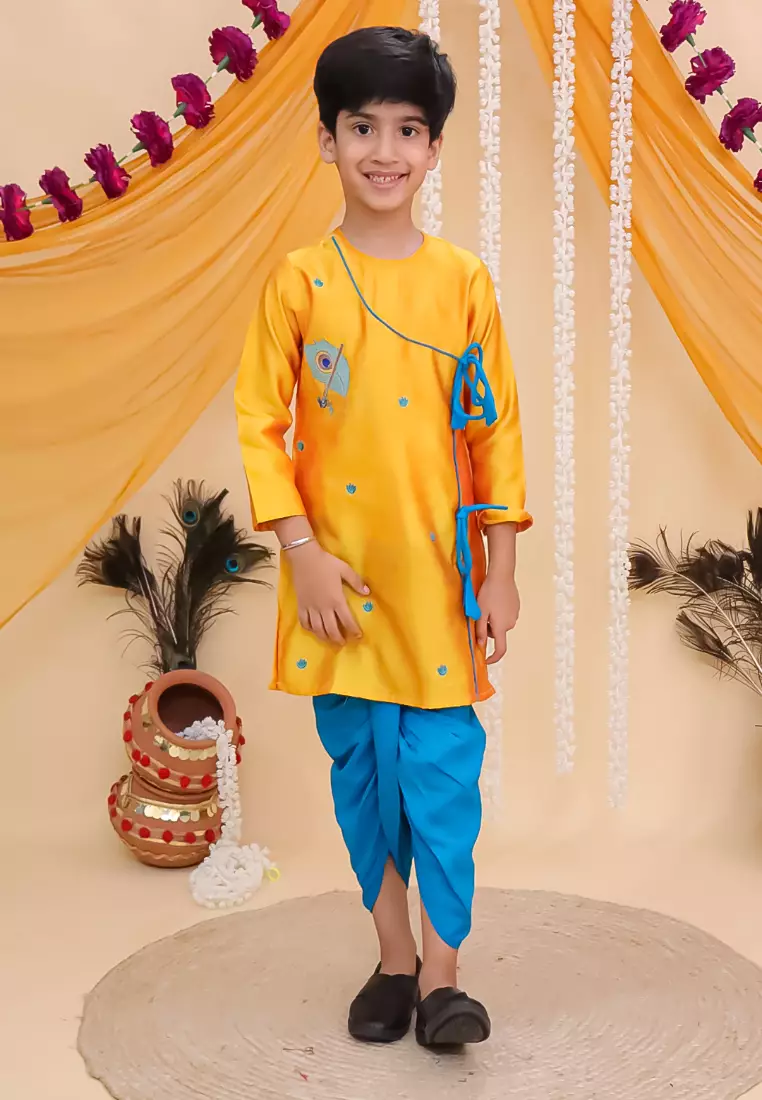 The Mom Store Vrindavan Vibe 刺绣男童 Dhoti 库尔塔套装 - 黄色