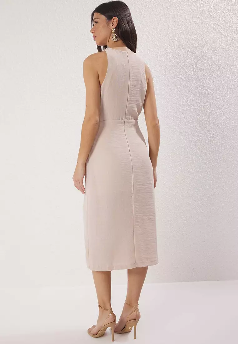 Stone Straight Binding Detail Midi Woven Dress Twoss25El00777