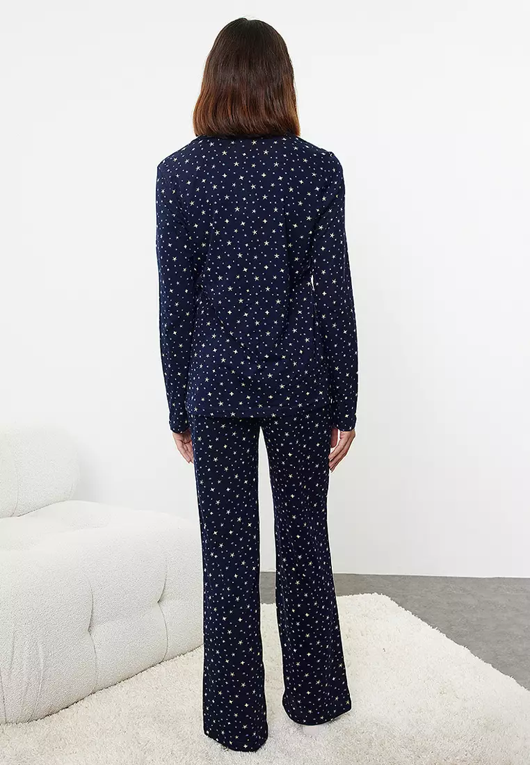 Navy Blue Galaxy Patterned Knitted Pajama Set