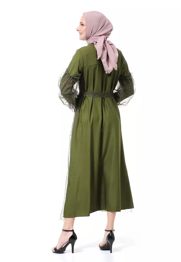 Varsha Dress Wanita Long Sleeve Motif Polos Polkadot High Quality - Army