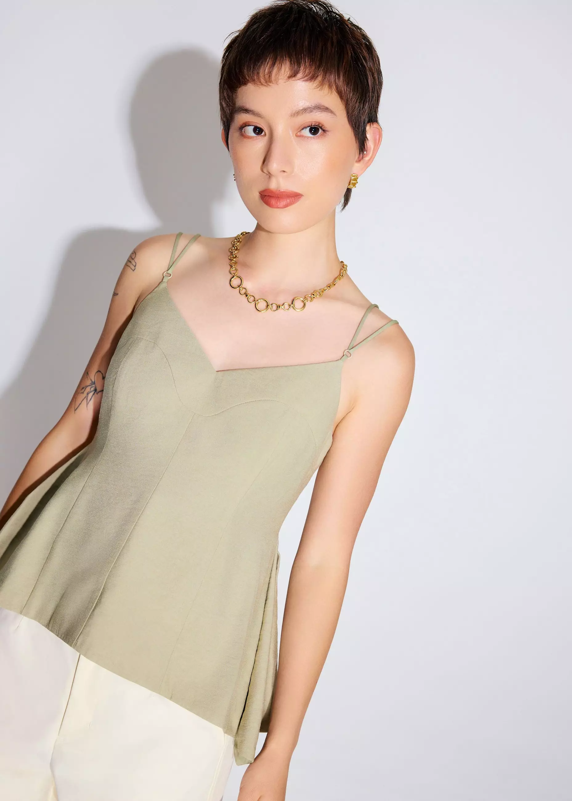Atasan Wanita - Textured Panelled V-neck Peplum Top