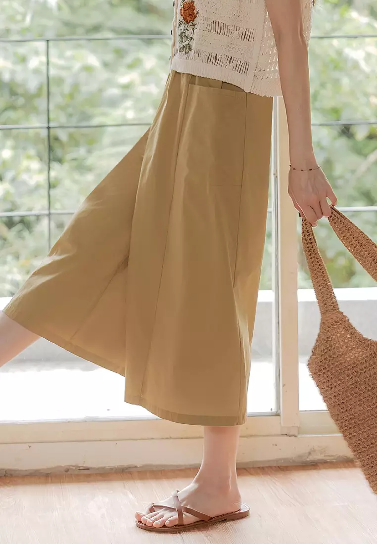 Cotton Elastic Waist Wide-Leg Cropped Trousers [BA3858]
