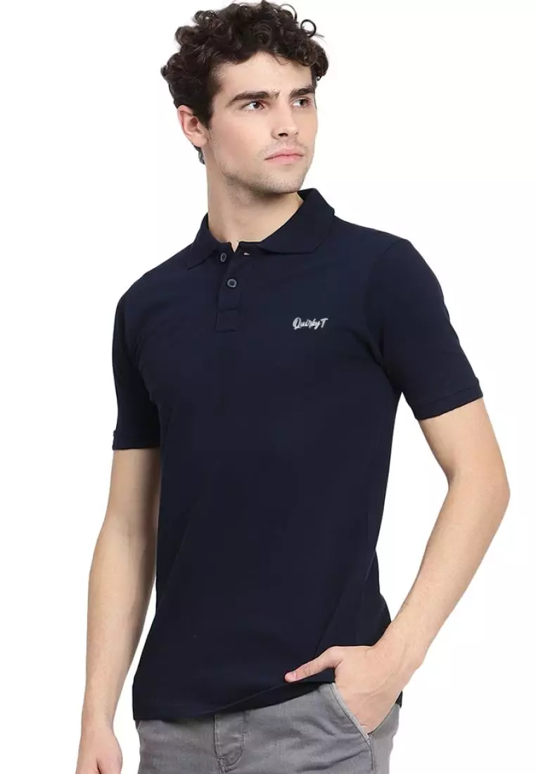 男式纯蓝色 QuirkyT Polo 领棉质短袖彩色 T 恤/T 恤