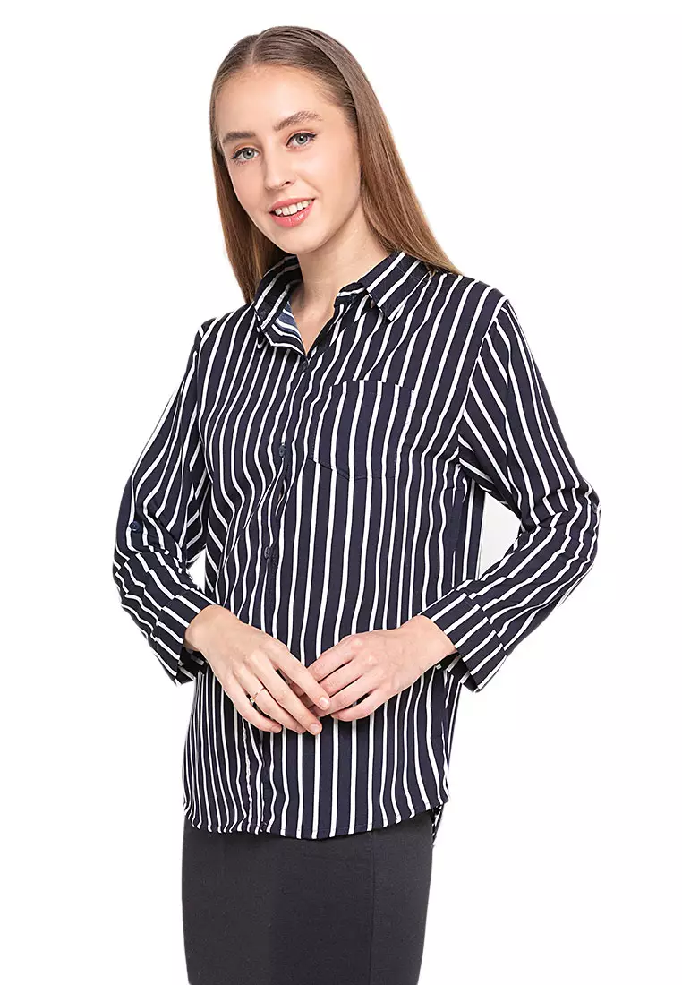 Anne Kemeja Long Sleeve Motif Stripe Atasan Wanita Casual - Navy