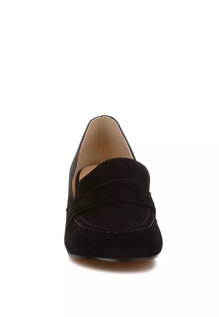 Sepatu Loafer Suede Hak Blok Warna Hitam