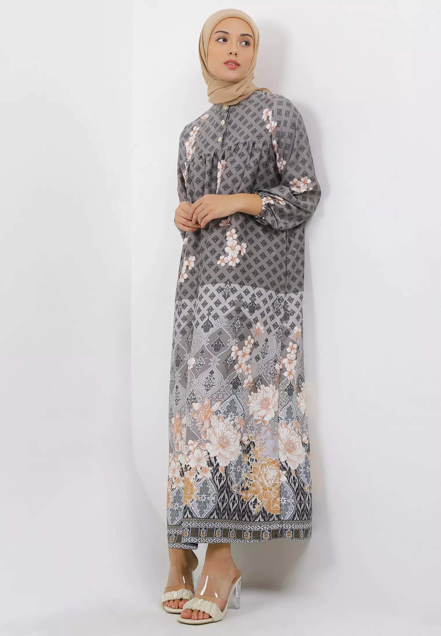 MFMW Zamyana Dress Gamis Grey Motif Bunga