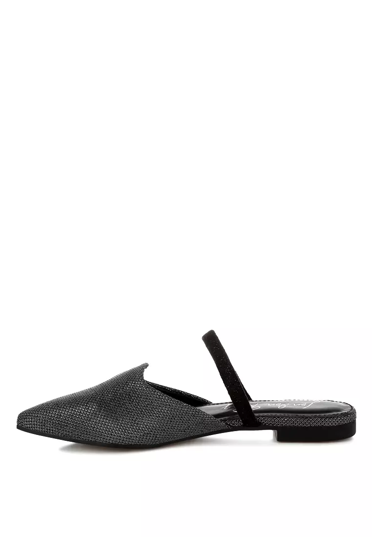 Sepatu Mules Datar Kulit Imitasi Glitter Warna Hitam