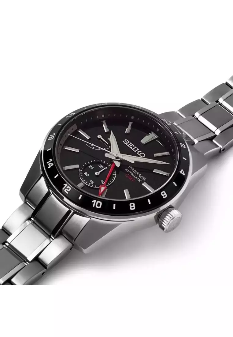 Seiko Presage Sharp Edged Series GMT Black Dial Power Reserve Indicator Automatic Watch SPB221J1