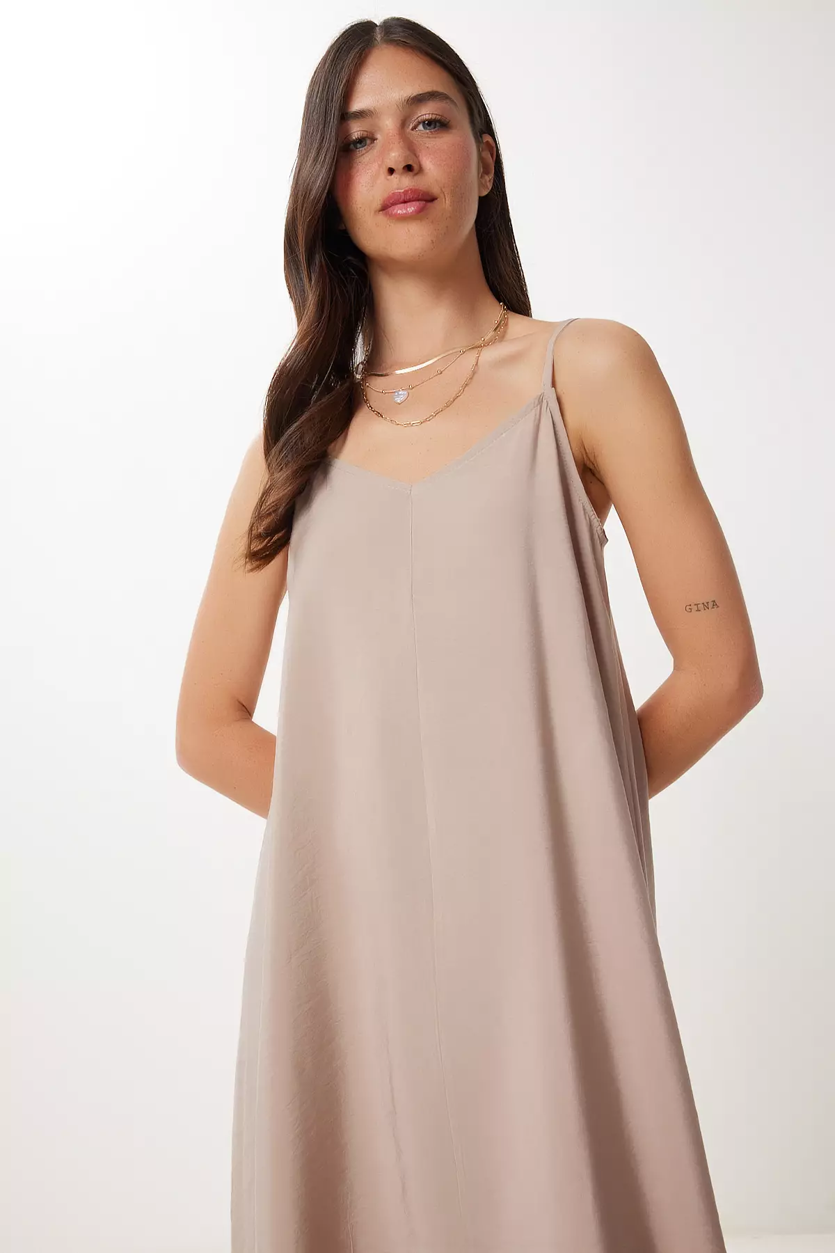 Women's Beige Strap Basic Summer Modal Dress Fn03474